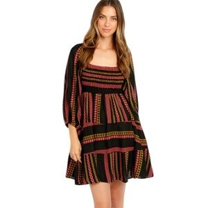 Sofia Made in Italy Tiered Boho Mini Dress Black Rust Brown Tribal Print OS